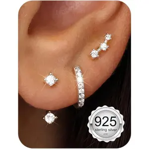 3 Pairs 925 Sterling Silver Hypoallergenic Earrings for Women Trendy - 14K Gold Plated Stud Hoop Cartilage Earrings Set Small Earring Stacks for Sensitive Ears Non Tarnish Dainty Silver Earring