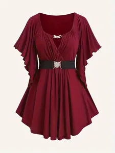 【Plus Size】 Basic Solid Color Butterfly Sleeve Belted T-shirt, Casual Scoop Neck Top for Spring & Fall, Women's Clothes for Daily Wear