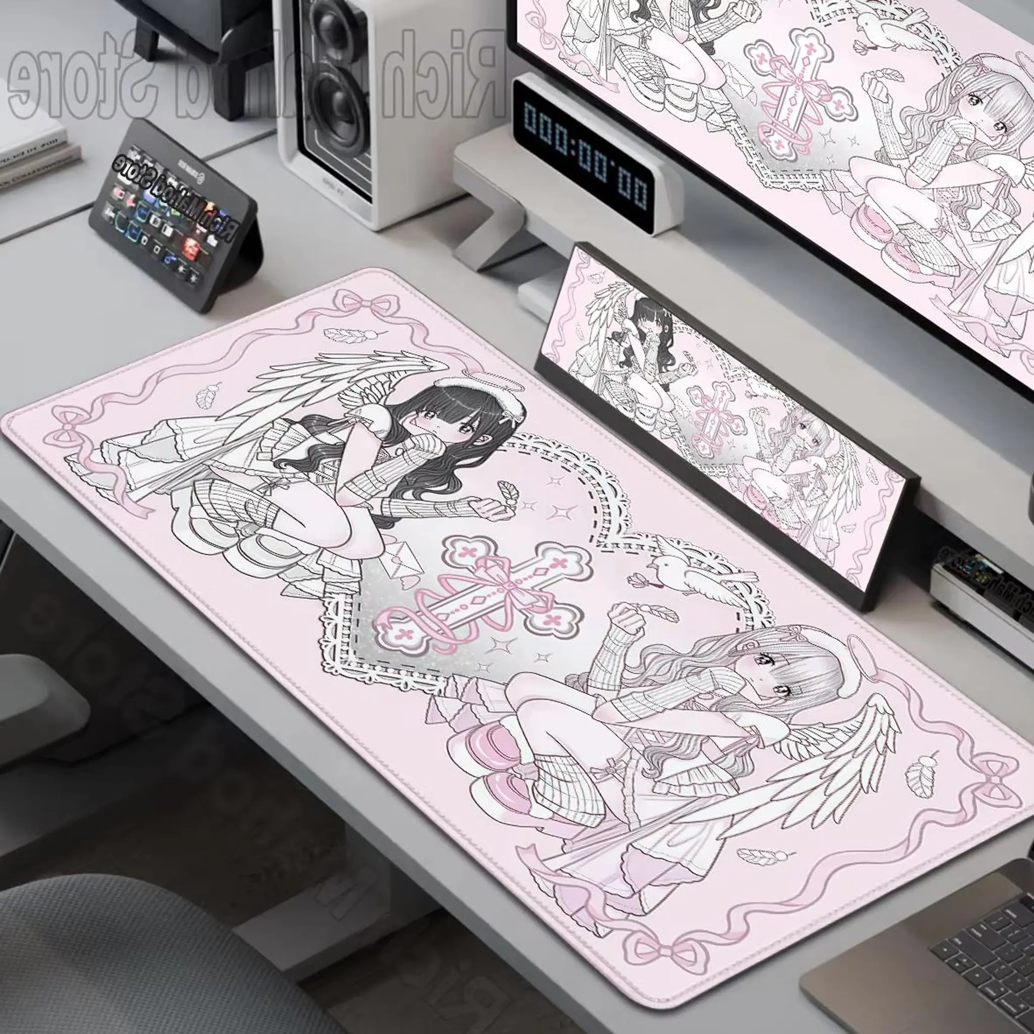 [FAST SHIPPING] Anime Cute Angel Girls Mouse Pad Laptop Gaming Extended Desk Mat PC Kawaii Gamer Cabinet Mousepad XXL Keyboard Rug Pink Carpet