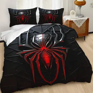 2/3Pcs Futuristic Spider Duvet Cover Set, Dark Themed Bedding Set with Sleek Metallic Design, Perfect for Unique Bedroom Decor, Embossed Detailing and Bold Red Accents. Includes 1 or 2 Pillowcase - No filling/Zipper Closure