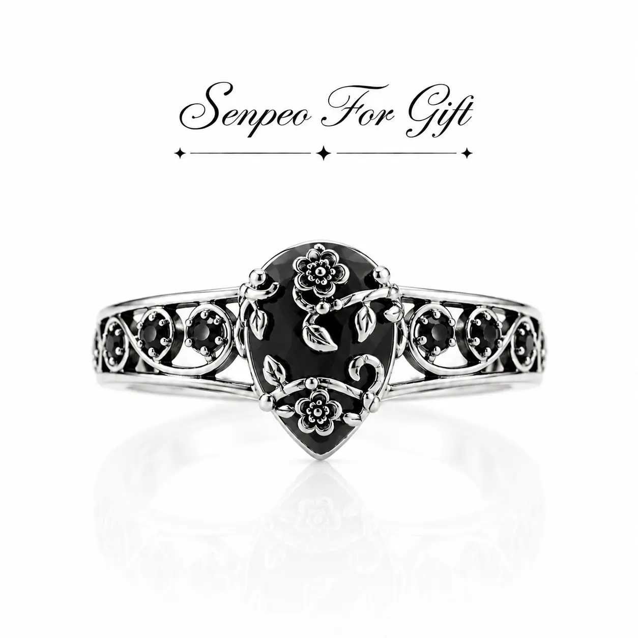 Silver Synthetic Obsidian Ring with Vintage Flower Design, Elegant Black Lab Grown Diamond Ring Jewelry for Women, Energy Crystal Ring Perfect for Daily Wear and Birthday Party, Mother's day Gift, with Gift Box