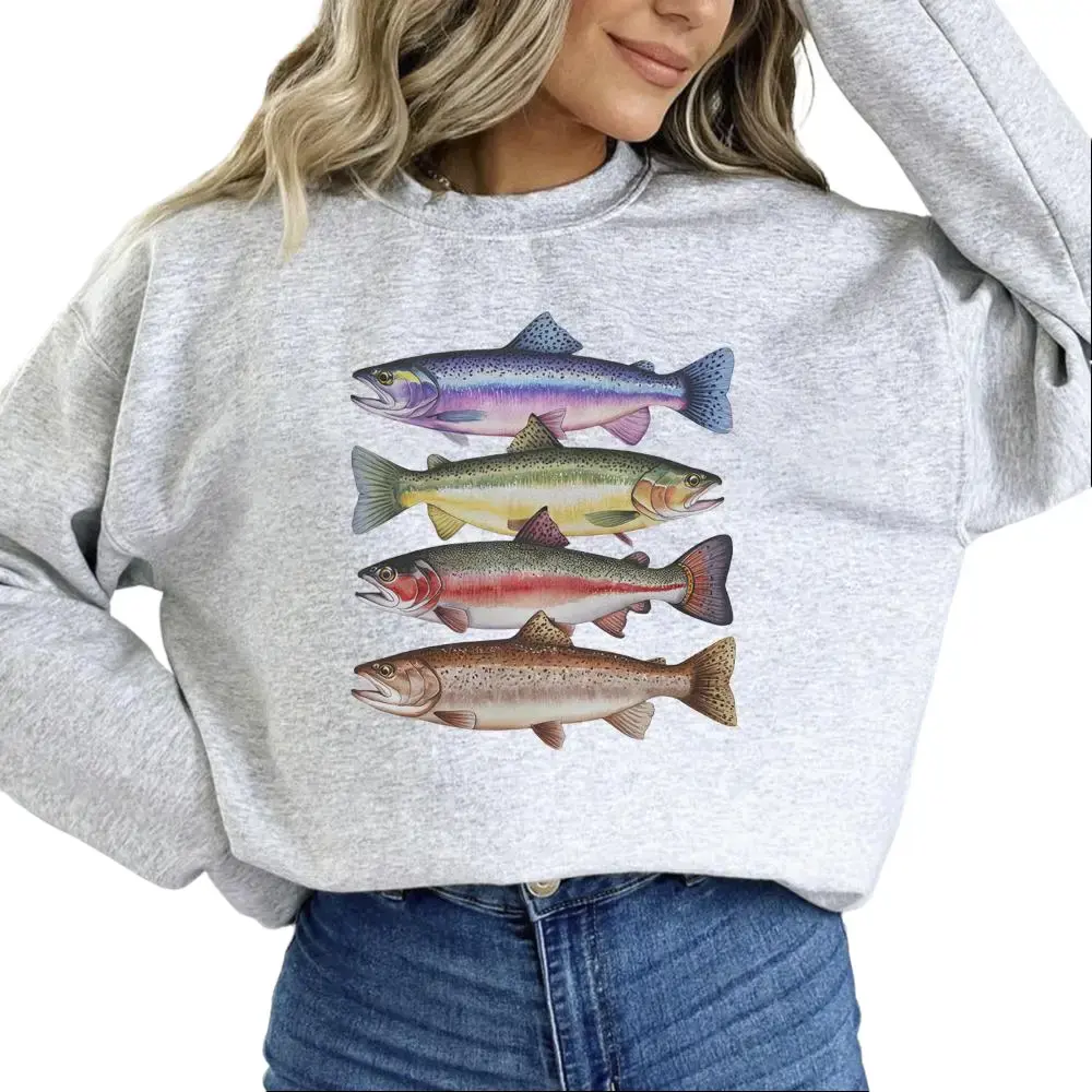 Women's Boho Abstract Trout Graphic Sweatshirt - Aesthetic, Colorful, Soft Cotton Blend Unisex Pullover Tops for Outdoor Fly Fishing, Everyday Style