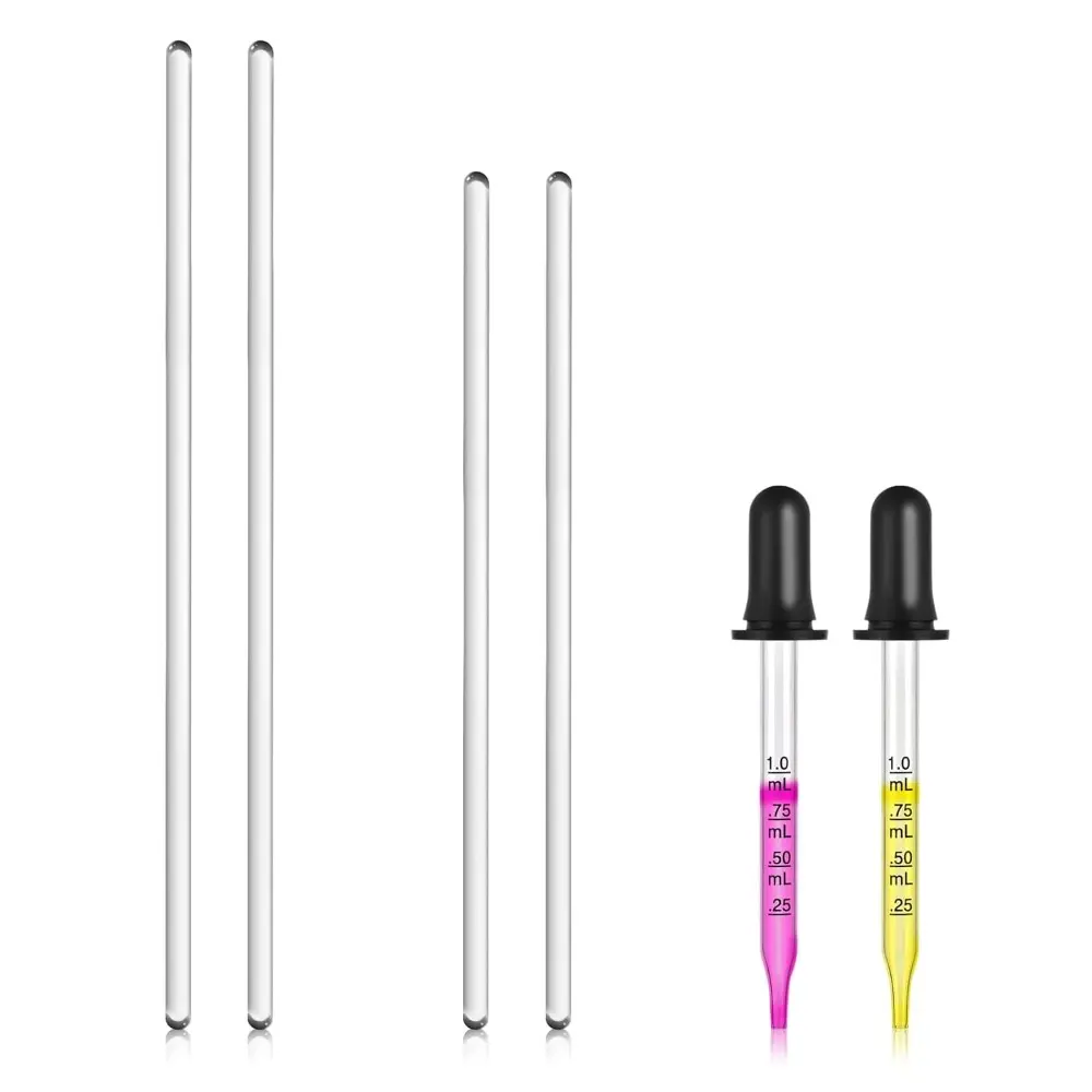 Solid Flamer-Polished Glass Stir Sticks & Graduated Droppers Set - Smooth Edges, for Mixing Chemicals & Liquids, 8in,10in (2 Each) Rounded-End Stir Sticks, 4in Glass Graduated Droppers (6 Pieces Total)