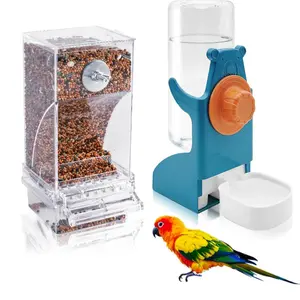 2Pcs No Mess Bird Feeder Water Dispenser Set, Automatic Parrot Feeder Cage Accessories, Clear Parakeet Seed Container Food Drinker for Cage, Cockatiel Finch Lovebirds Budgies Canary - Home Improvement.