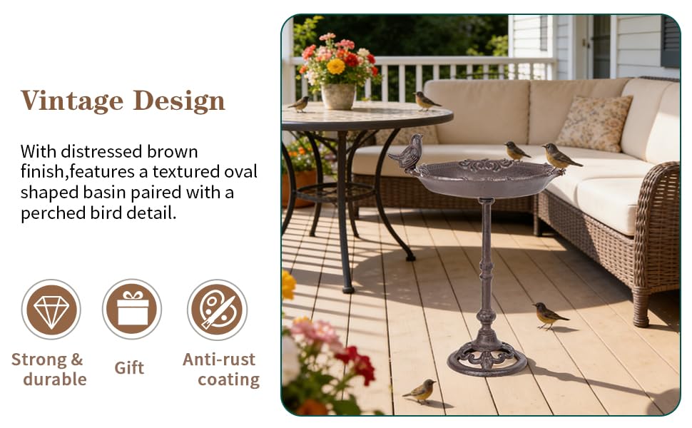 Sungmor Vintage Cast Iron Birdbath for Outside,15.6" Tall Bird Feeder with Adorable Bird Statue,Freestanding Oval Water Bowl,Distressed Brown Finish