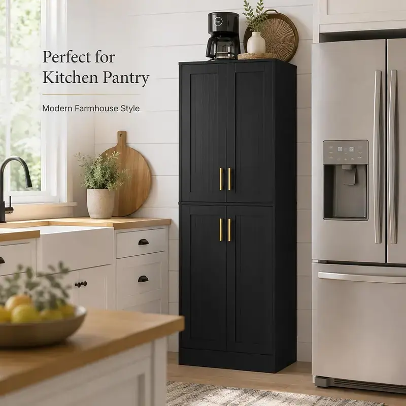 Clutter Savior Freestanding Kitchen Pantry Cabinet with Gold Handles, Large Capacity Adjustable Storage Cabinet Fit Kitchen Laundry Room Small Space