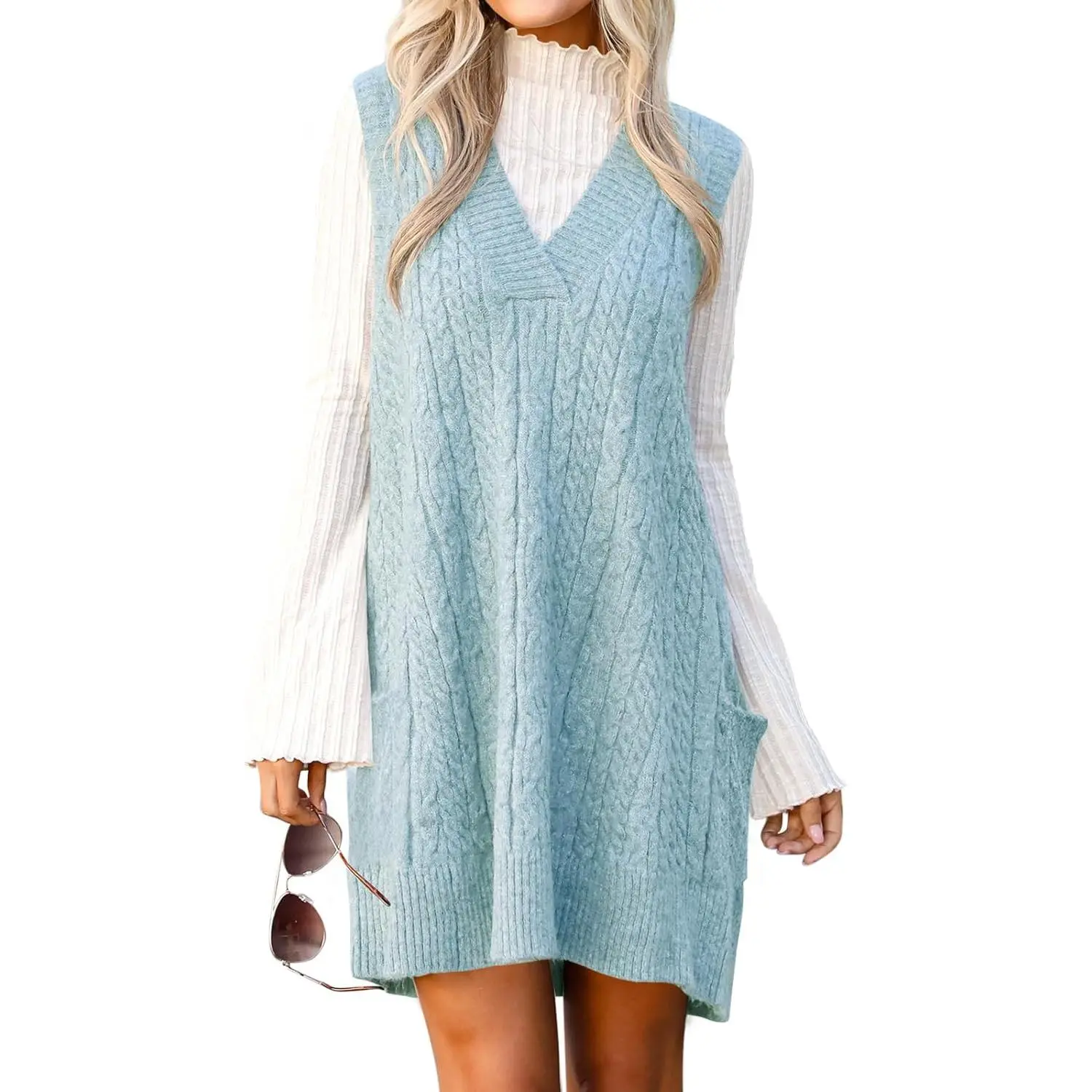 Lannew Womens Oversized Sweater Vest Dress V Neck Sleeveless Trendy Casual Knit Cable Mini Dresses