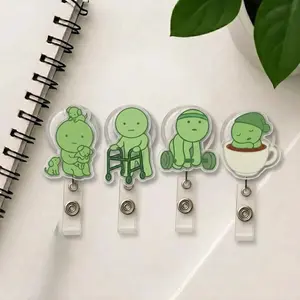 Aesthetic Green Guy Smiskii Expression Acrylic Badge Reel Durable Retractable ID Name Tag Clip For Coffee Lover Dog Mom Gym Enthusiast Gear