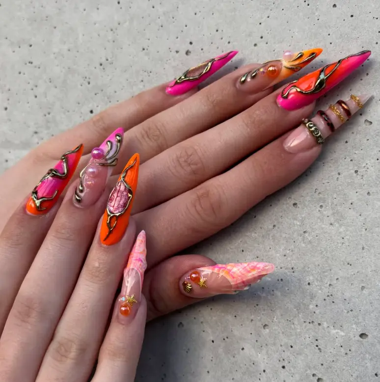 Vibrant Long Stiletto Press On Nails Neon Pink Orange Ombre 3D Gold Chrome Swirl Piercing Ring False Nails Maximalist Fake Nails Full Cover Reusable Acrylic Stick On Manicure Glue On Nails for Women