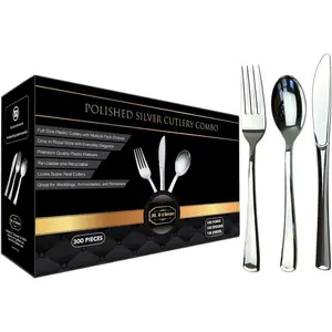 JL Prime 300 Silver Plastic Silverware Set, Silver Plastic Cutlery Set, Heavy Duty Utensils for Party & Wedding Disposable Silver Flatware, 100 Plastic Forks, 100 Plastic Spoons, 100 Plastic Knives