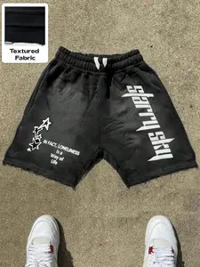 Men's Star Print Drawstring Shorts, Athletic Wear Shorts, Comfortable Casual Knit Fabric, Elastic Waistband, Summer Sports Wear, Regular Fit