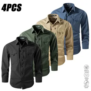 Men's 4-Pc Long Sleeve Heavy Work Shirts, Menswear Durable Tactical Button-Down, Dual Chest Pockets Casual Utility Cargo Shirts (Black, Army Green, Khaki, Navy Blue) for Outdoor Work, Construction