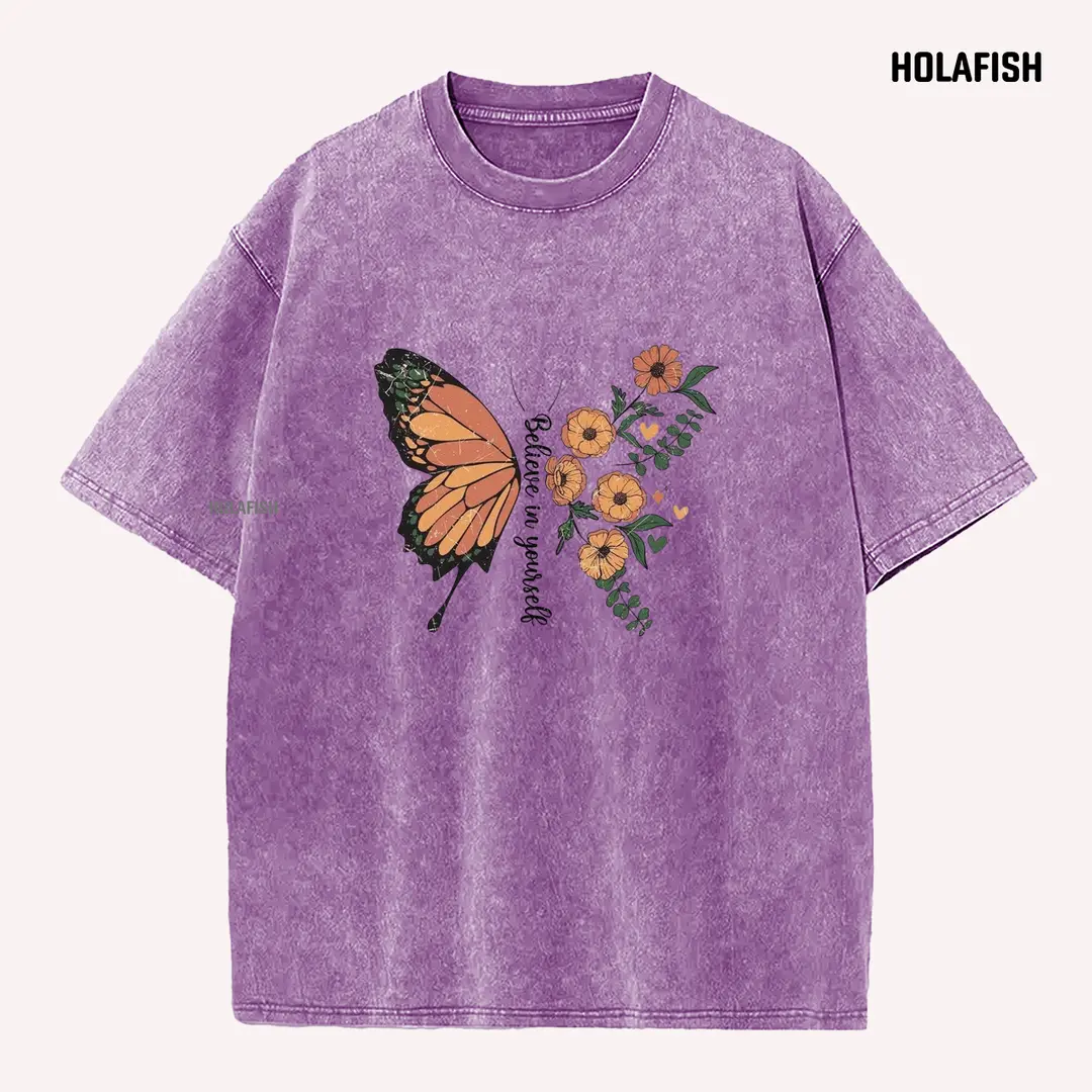 Holafish Women's Crew Neck Short-Sleeve Cotton Basics T-Shirt - Vintage Washed, Soft Lightweight Breathable Fabric, Preppy Cute Graphic Print, Good Fit, Simple Modern Silhouette, Versatile Street/Jeans Pairing