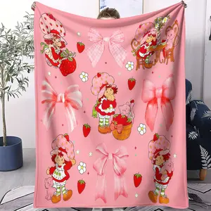 Strawberry Shortcake Floral Print Gentle Soft Blanket, Cute Cartoon Girl Pattern, Perfect for Young Adults, Kids, Sofa, Camping, Outdoor, Travel Plane Cover