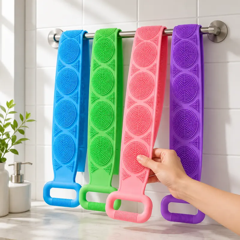 1PCS Silicone Bath Brush, Double-Sided Exfoliating Back Scrubber with Mesh Sponge, Long Body Scrub Strap with Soft Bristles & Handles, Shower Bath Tool for Back, Body Cleaning, At-Home Self Care