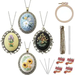 4 Packs Embroidery Necklace Kits, Mini Cross Stitch Kit with Hoop, Necklace, Pendant, Stamped Pattern Cloth, Instructions, Embroidery Kits for Adults