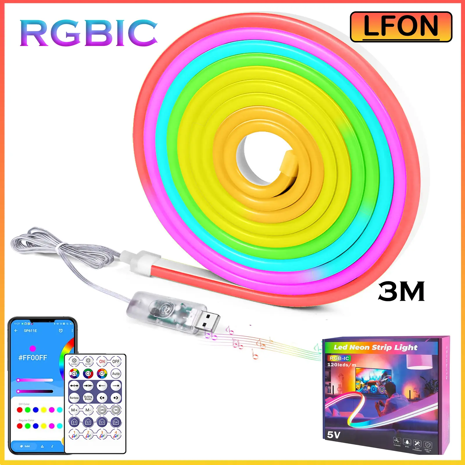 9.84FT USB RGB+IC Color Chasing LED Neon Rope Light with 28key Remote&App Control, Music Sync DIY Design Neon LED Strip Lights IP65 Waterproof for Dreamcolor Neon Led Strip Lights for Wall Decor Bedroom Living Game Room Rgb Lighting Vibrant Rgb Lighting