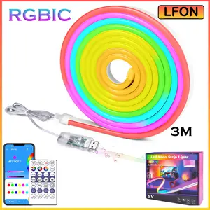 9.84FT USB RGB+IC Color Chasing LED Neon Rope Light with 28key Remote&App Control, Music Sync DIY Design Neon LED Strip Lights IP65 Waterproof for Dreamcolor Neon Led Strip Lights for Wall Decor Bedroom Living Game Room