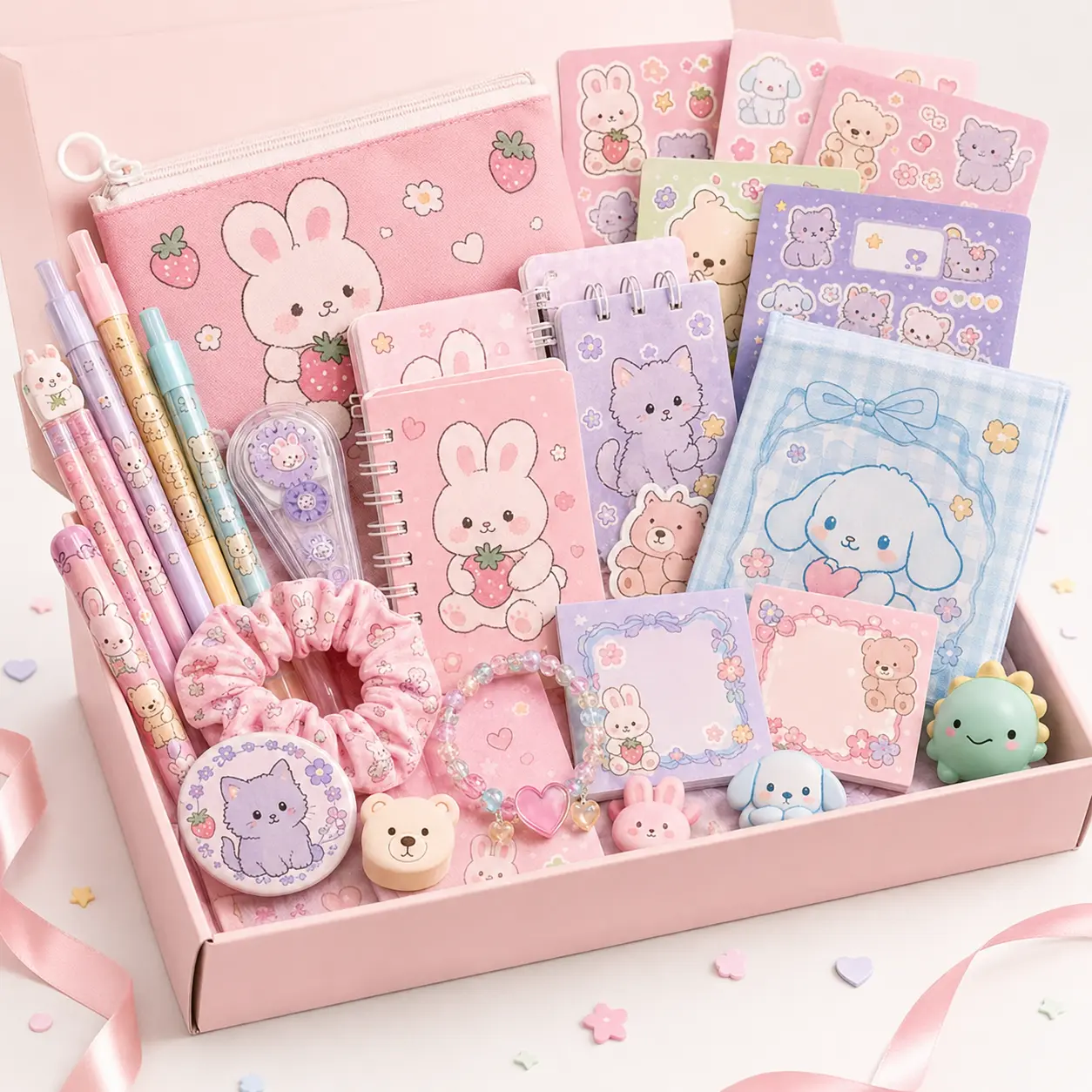Millobox 10–15 Piece Cartoon-Themed Mixed Gift Box, Cute Stationery and Accessories Set with Mini Notebooks, Pens, Stickers, Pouch, Scrunchies and Small Everyday Gifts, Birthday Party Favor Gift Set