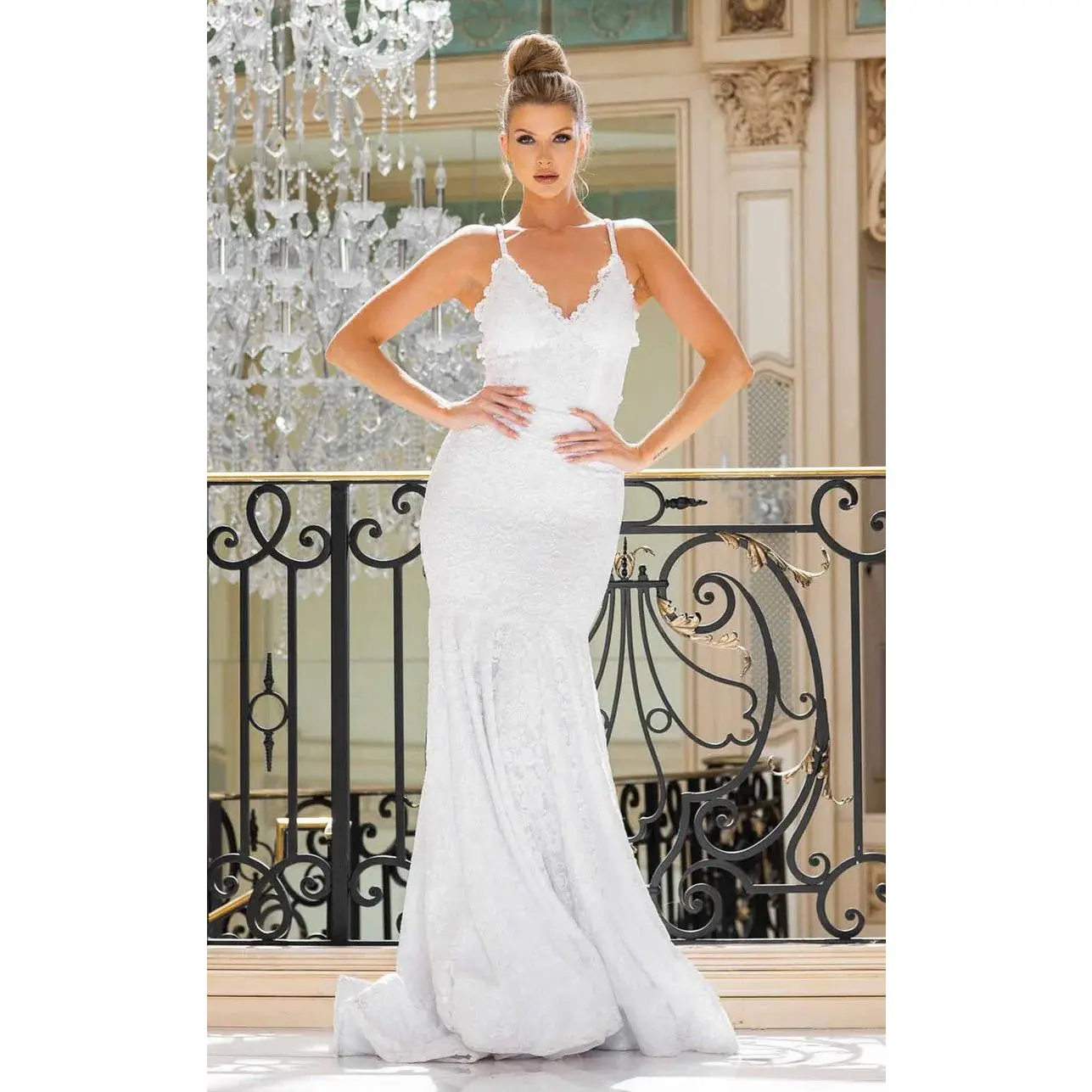 Jessica Angel JA10019 V-Neck Spaghetti Strap Mermaid Open Back Train Lace Wedding Dress