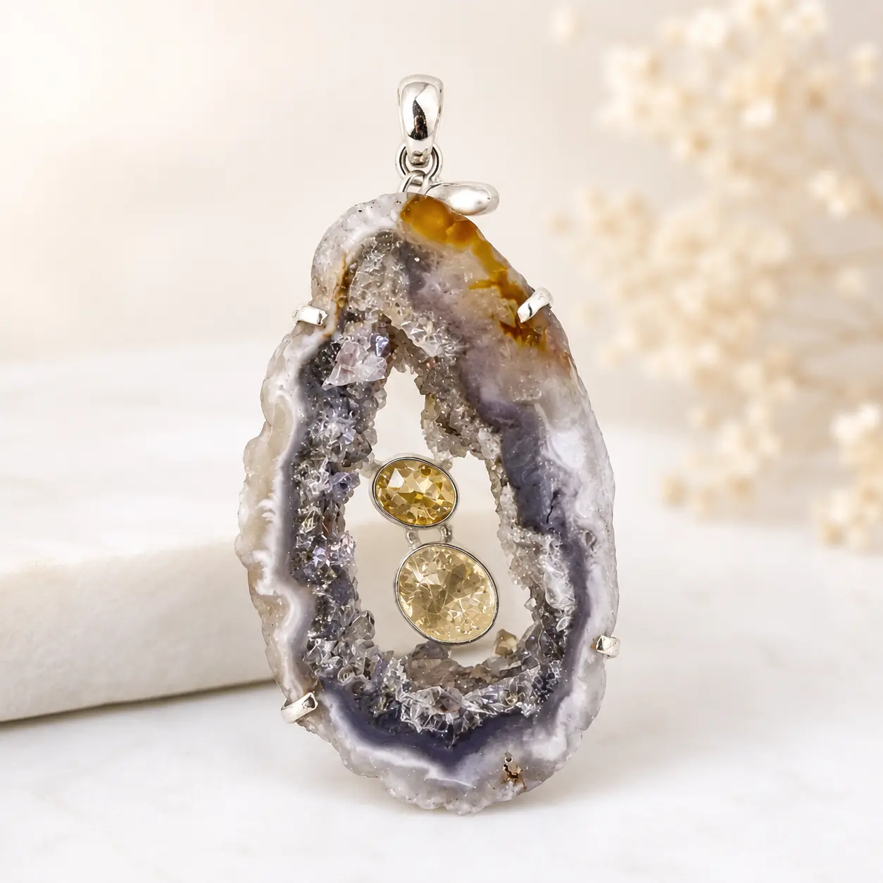 Geode Agate and Golden Rutilated Quartz Pendant