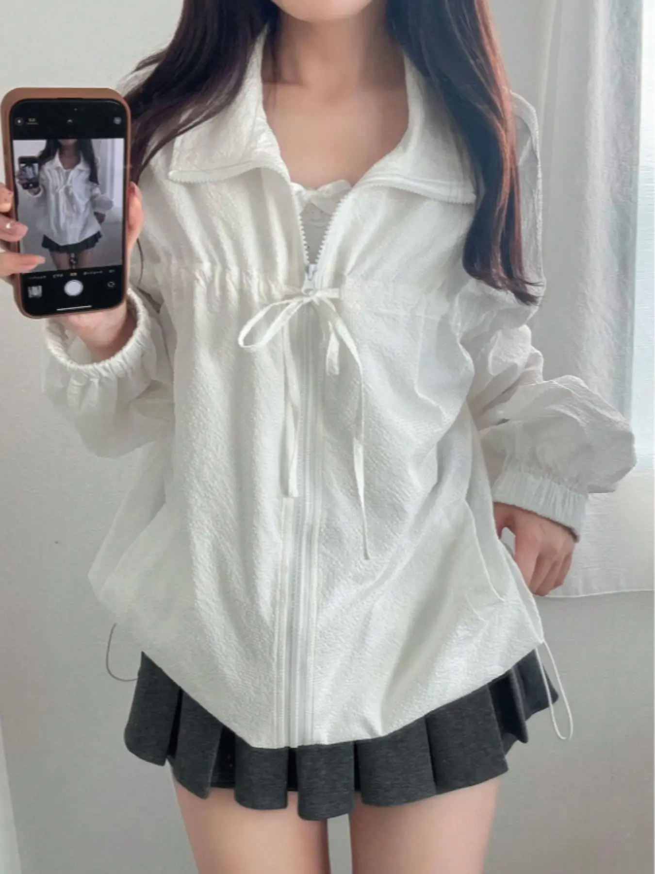 Women's Casual Streetwear Solid Color Textured Front Tie Bow Long Sleeve Fitted Zipper Drawstring Adjustable Jacket Coat Top, Stylish and Comfortable