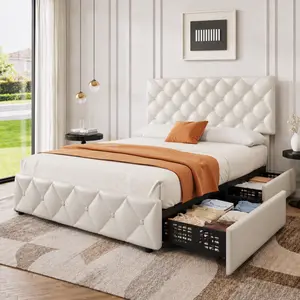 SA-Garvee Upholstered Queen to King Size Platform Bed Frame with 4 Storage Drawers, Bed Frame with Diamond Stitched Button Tufted Design, Mattress Foundation with Wooden Slats Support, No Box Spring Needed