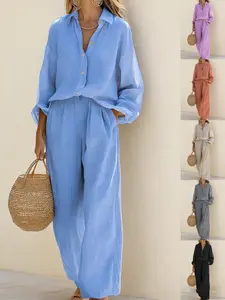 2026 Women's Casual 2 Piece Outfit Long Sleeve Button Down Shirt & Long Pants Lounge Set Y2K Matching Tracksuit Airport Travel Wear