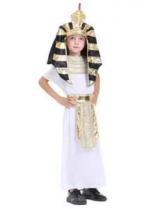 Kids Boys Egyptian Pharaoh Costume Set: Nemes Headdress, Sequined Collar, Metallic Belt With Apron & White Gown For Halloween, Costume Party, Multicultural Day & Stage Play, Costume For Parties