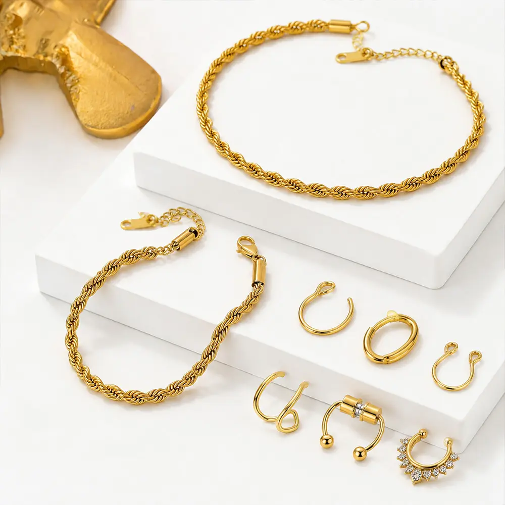 8PCS Unisex Stainless Steel Jewelry Set Retro Twisted Necklace, Bracelet, Nose Rings Septum Set Chic Spiral Earrings, No Piercing Needed Jewelry Nose Piercing, Lip Rings Exquisite Twisted Chain Daily Accessories