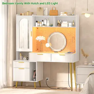 White Vanity Table - 48'' Makeup Vanity with Hutch, Bedroom Vanity with Charging Station and LED, Tall Vanity Table with Pegboard, Mirror, 5 Big Drawers & Shelves, Cabinet, Bedroom Dressing Tables