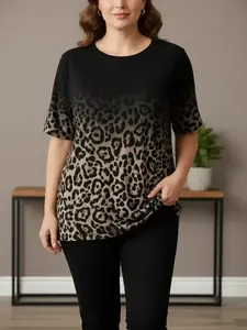 Women's Plus Size Casual Leopard Print T-Shirt, Top, Polyester Blend Round Neck, Medium Stretch Knitted Fabric, Fashionable Comfort Fit for All Seasons