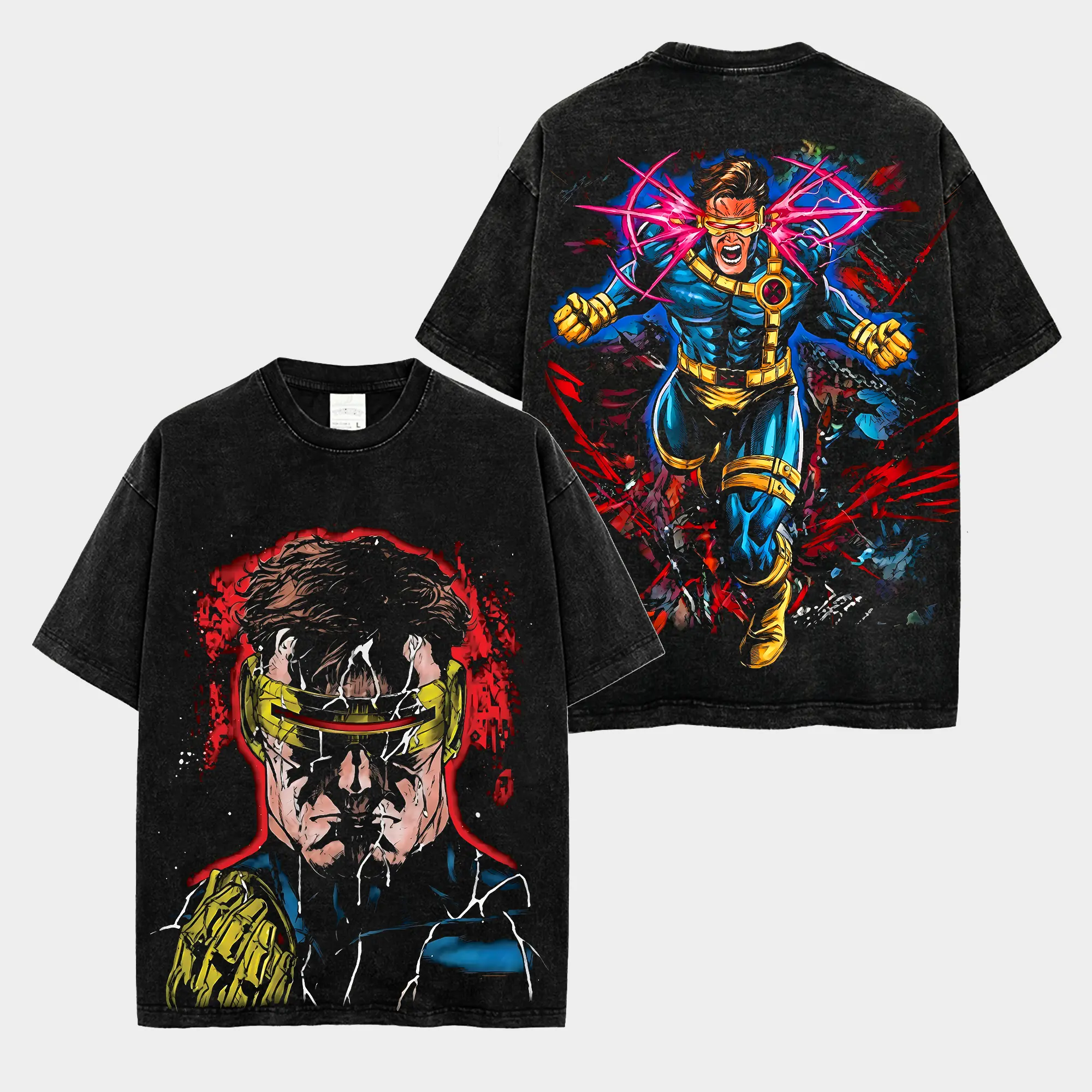 Cyclops X-Men Inspired Acid Wash Black Oversized T-Shirt, Premium Cotton Laser Eye Hero Graphic Tee, Front Back Comic Print Streetwear Shirt, Retro Streetwear Gift For Superhero Fans Men Women