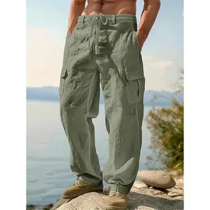 Men'S Lightweight Breathable Linen Cargo Pants - Loose Fit Straight-Leg with Multiple Pockets, Drawstring Waist, Olive Green & White, Perfect for Beach, Outdoor, and Casual Wear, Beach Pants |   Straight Leg Pants |   Linen Fabric