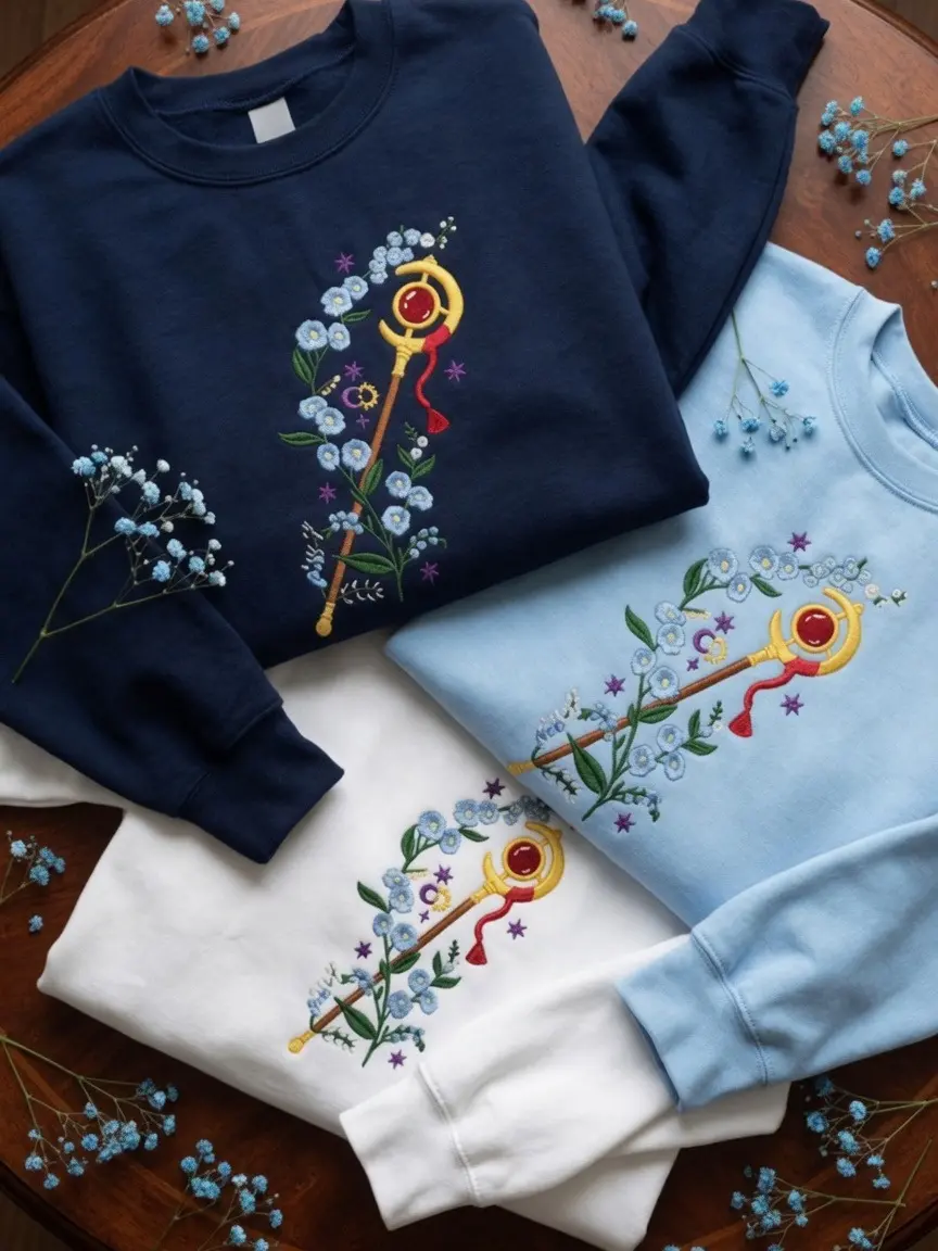 Embroidered Frieren Sweatshirt, Blue Flowers Wand Anime Crewneck, Sword Stick Hoodie, Anime Wand Shirt