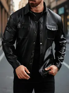 Men's Solid PU Leather Jacket, Regular Fit Casual Long Sleeve Stand Collar Outerwear for Spring & Fall, Fashion Men's Clothes for Daily Wear, Coats, Menswear, Collared