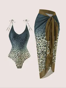 Women's Leopard Print Swimsuit & Cover Up Skirt Set, Casual Fashion Swimwear Set for Beach Holiday Vacation, Ladies Summer Swimsuit, Swimsuit Bodysuit, Swimsuit Beachwear