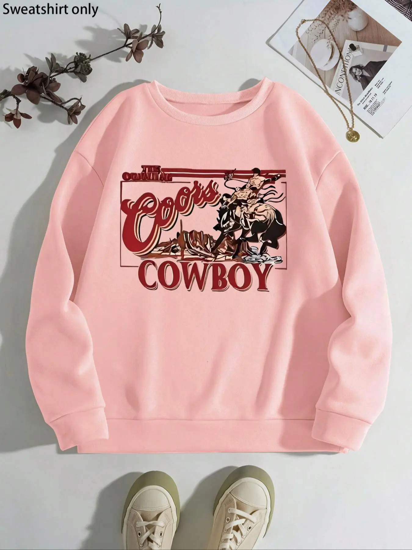 Women's Cowboy & Letter Print Drop Shoulder Thermal Lined Sweatshirt, Casual Long Sleeve Round Neck Pullover for Fall & Winter, Ladies Clothes for Daily Wear, Womenswear