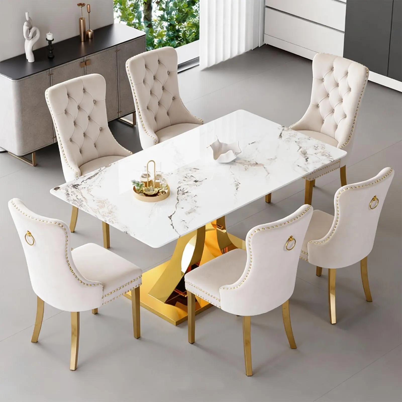 1 Table+6 Beige Golden Metal Legs Chairs