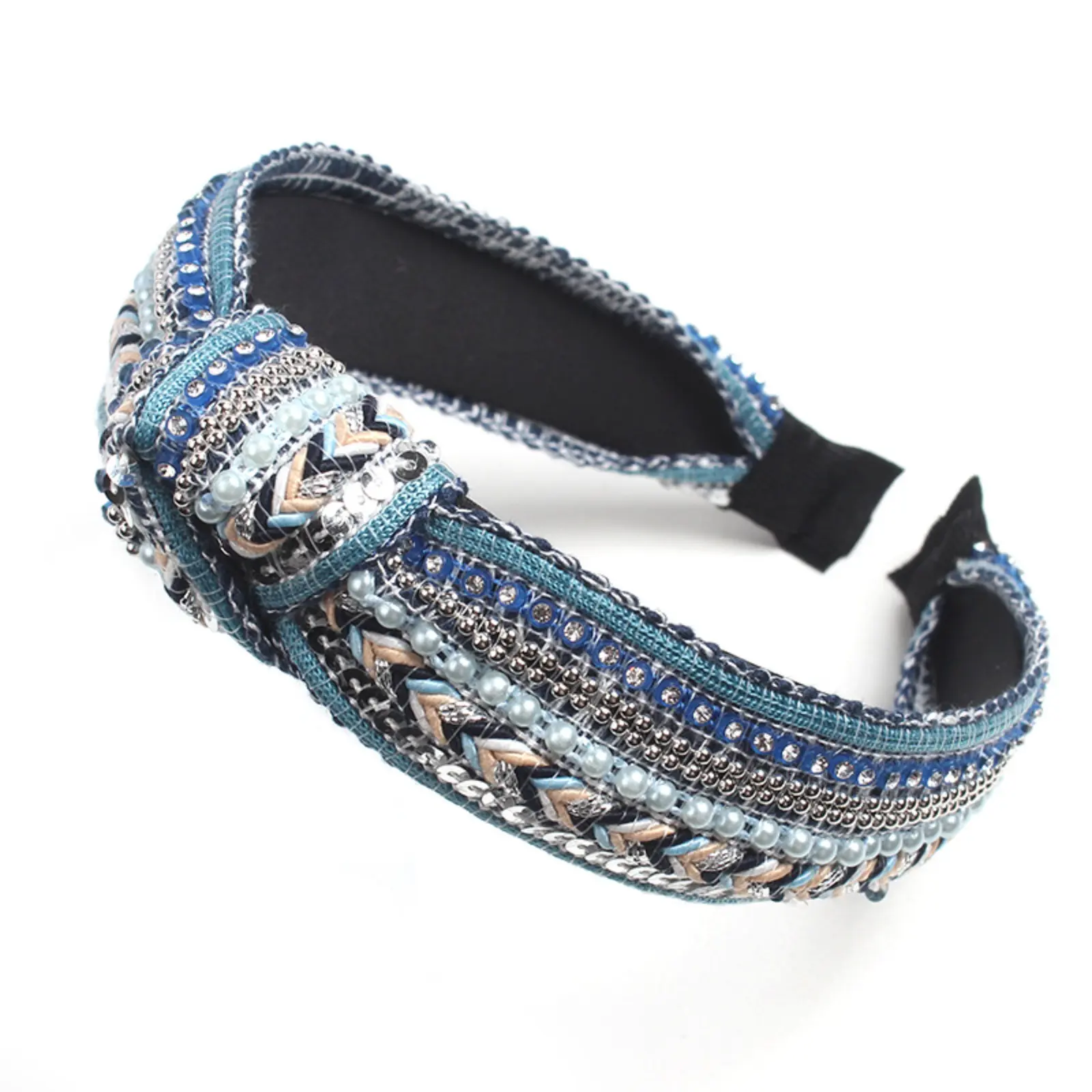 Women's Ethnic-Style Knotted Headband, a Wide Fashion Sports Hair Accessory Embellished with Pearls, Rhinestones, and Sequins