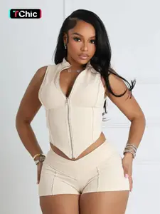 Two-piece Set Women's Solid Crop Tank Top & Skinny Shorts, Casual Fashion Chic Cozy Outfits for Daily Outdoor Wear, Ladies Summer Clothes