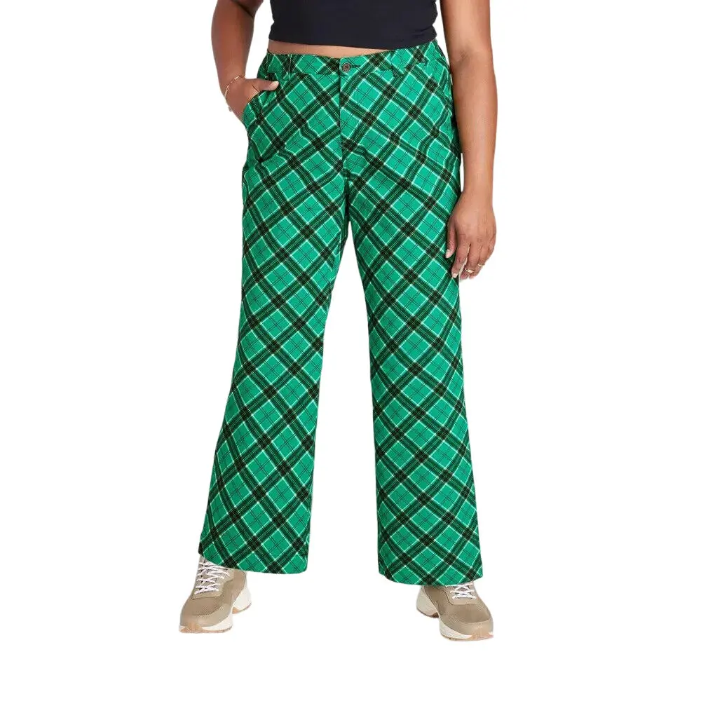 Women's Low Rise Flare Chino Pants Wild Fable Emerald Green Plaid 6 Cotton Fit