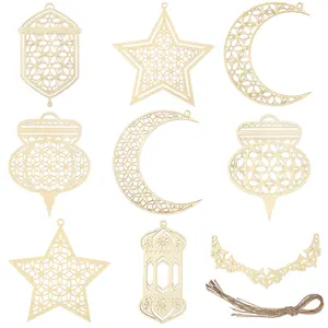 6 Piece Wooden Pendant Decorations, Ramadan Kareem Hollow Moon Star Wind Lamp Shape Pendants, Happy Eid Mubarak Party Hanging Signs, Hanging Ornaments