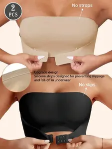 2-Pack Wireless Tube Top Bras, Full Coverage, No Underwire, Front Buckle, Easy-On, Non-Slip, Comfortable, All-Seasons, Women's Lingerie