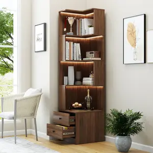 Corner BookShelf with drawers,4-Tier Corner Bookshelf Bookcase with Baffle, Freestanding L Shaped Display Shelf Stand with led lights for Home Office, Living Room, Bedroom, Kitchen