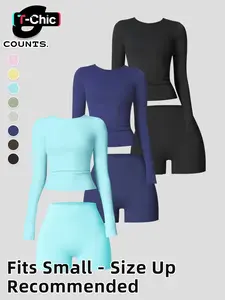 Comfortable Yoga Set, Long Sleeves Top + High-Waisted Tight Shorts, Ideal for Daily Activities & Sports Training, Stretchy Suit Set, Yoga Outfit