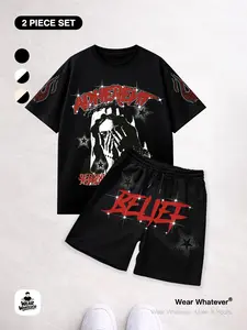 Streetwear Graphic Tee & Shorts Set｜2-Piece Set｜Breathable Loose-Fit Casual, Unisex Fashion for Outdoor Activities, Trendy 2-Piece Ensemble
