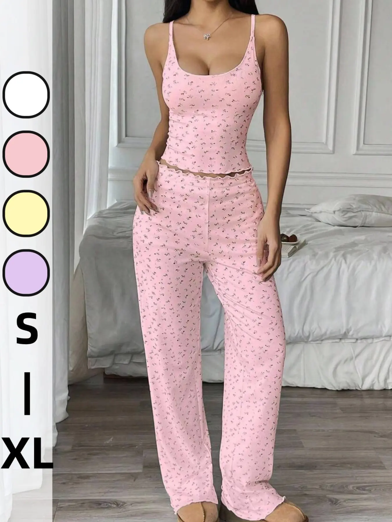 Summer New Vacation Style Long Pants + Sleeveless Vest Set, Homewear Suit, Women's Sleepwear Set, Ditsy Floral Pattern, Slim-Fitting, Pajama Set, Loungewear, Floral Pajama Sets