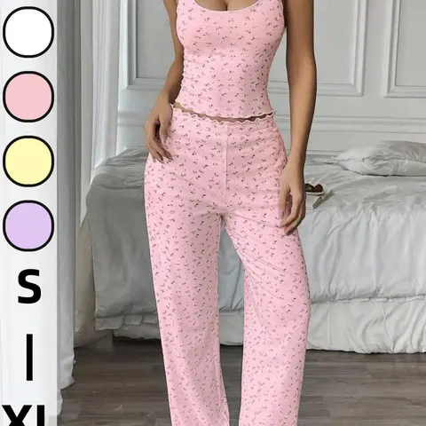 Summer New Vacation Style Long Pants + Sleeveless Vest Set, Homewear Suit, Women's Sleepwear Set, Ditsy Floral Pattern, Slim-Fitting, Pajama Set, Loungewear, Floral Pajama Sets