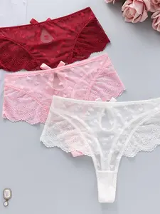 3-Pack Women's Heart Mesh Lace Thongs | Sexy Sheer Low Rise Fit T-Back Panties, Seamless for Dating & Daily Wear, Multi-Color Set